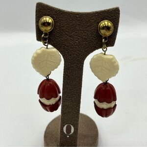 Vintage 1960s Cream and Red Elegant Earrings with Gold Accents